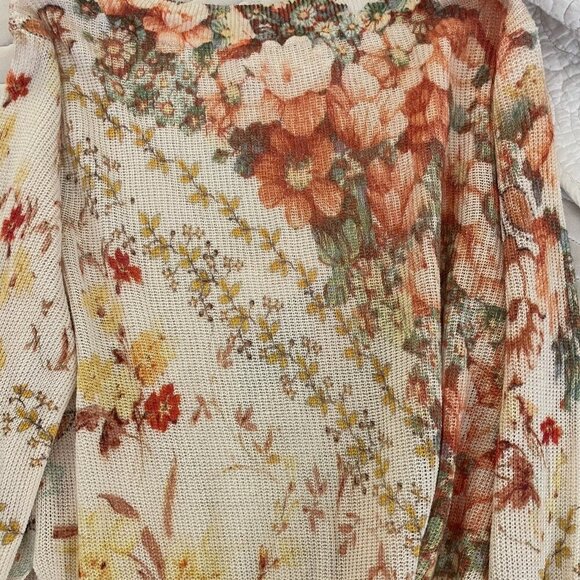 Anthropologie Floral Knit Sweater XS Ivory Linen Blend V Neck - Picture 10 of 16